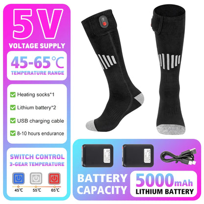 Heated Socks Winter Warmth 5000Mah USB Rechargeable 65℃ Heating Socks Outdoor Sports Heated Boots Snowmobile Skiing Socks