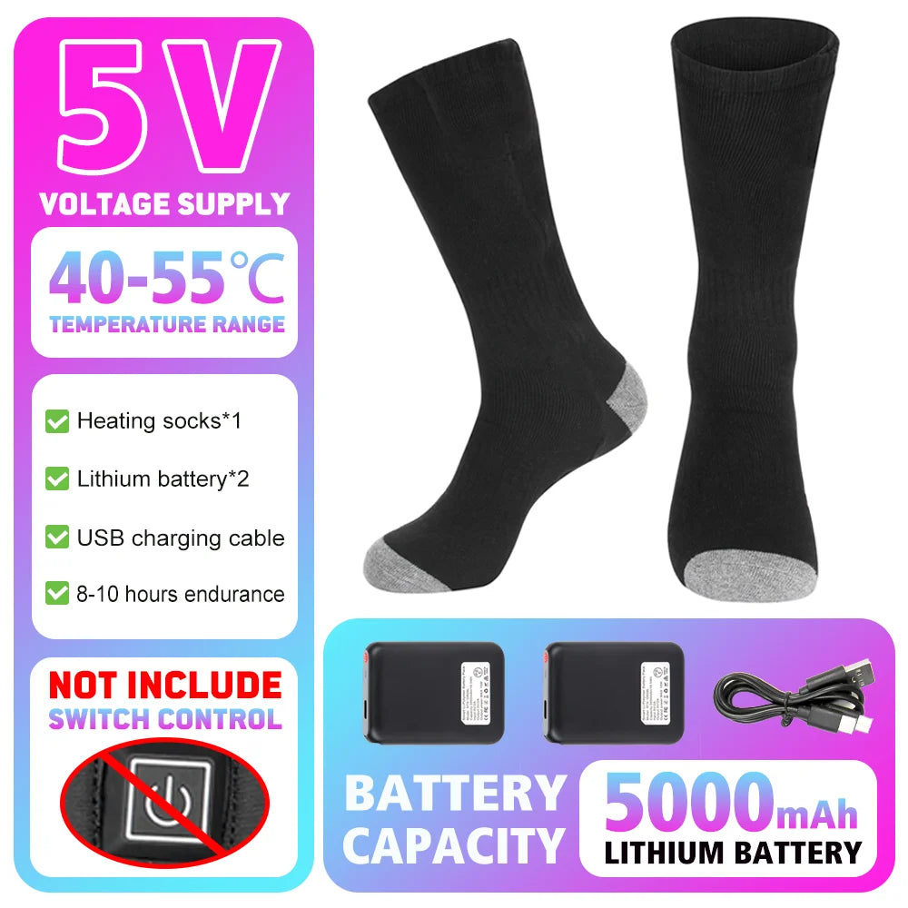 Heated Socks Winter Warmth 5000Mah USB Rechargeable 65℃ Heating Socks Outdoor Sports Heated Boots Snowmobile Skiing Socks