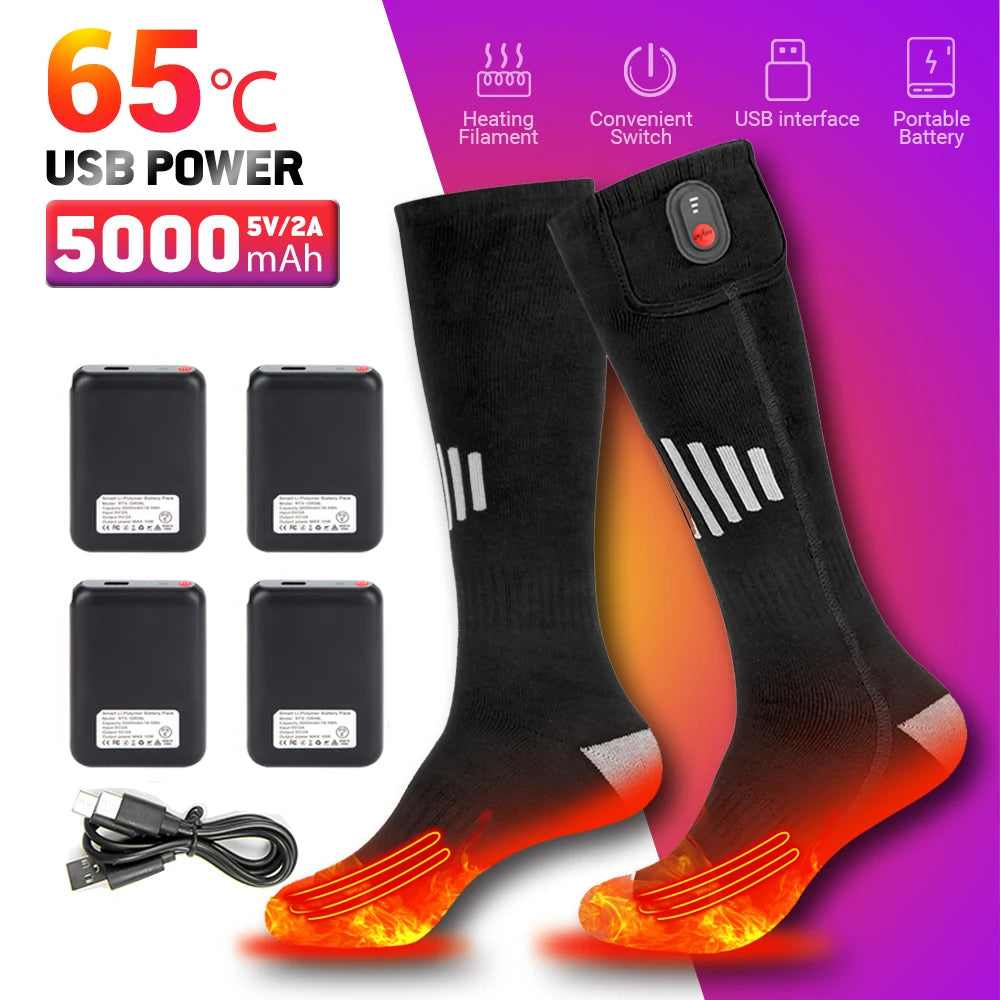 Heated Socks Winter Warmth 5000Mah USB Rechargeable 65℃ Heating Socks Outdoor Sports Heated Boots Snowmobile Skiing Socks