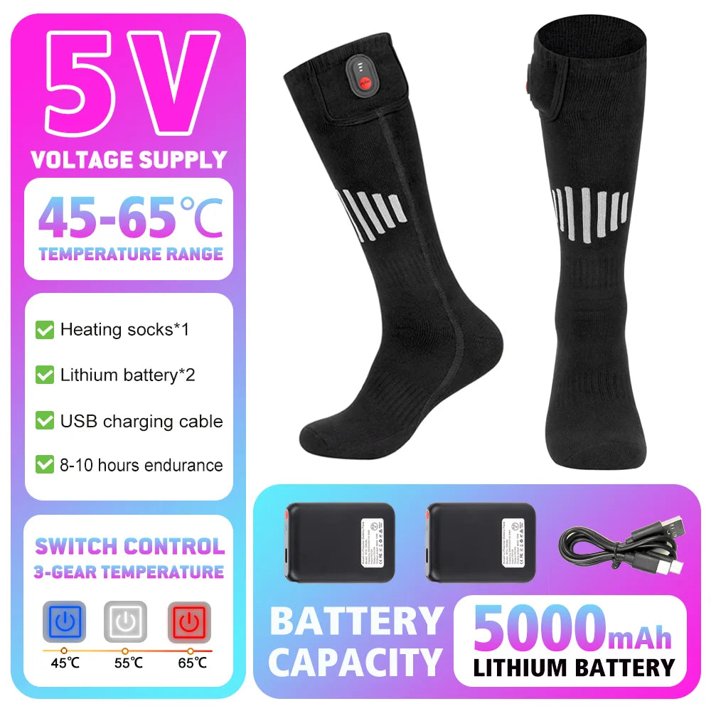 Heated Socks Winter Warmth 5000Mah USB Rechargeable 65℃ Heating Socks Outdoor Sports Heated Boots Snowmobile Skiing Socks